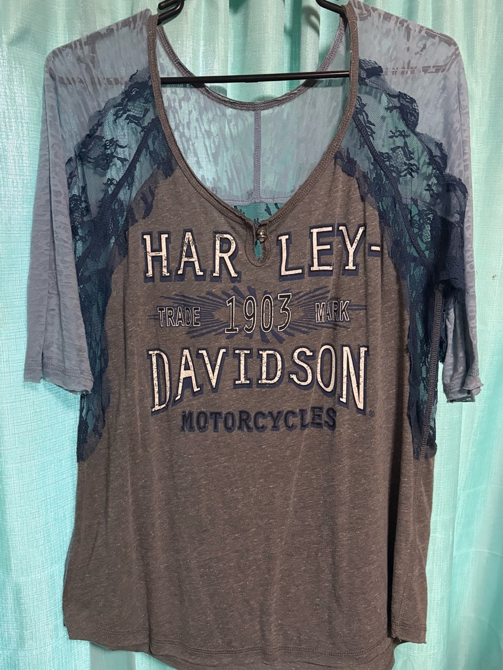Harley-Davidson Grey & Navy Lace Sleeve Tee